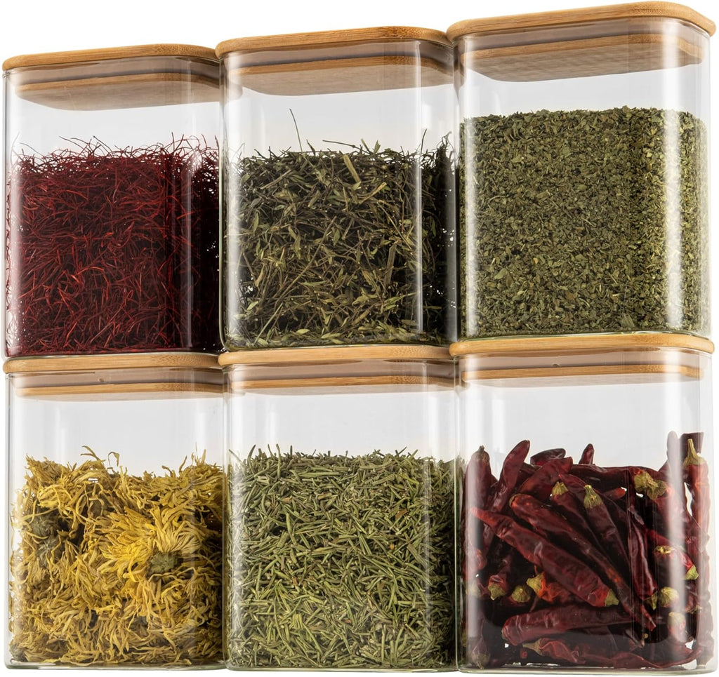37oz Rectangle Airtight Glass Storage Containers with Bamboo Lids (Set of 6), Square Food Storage Jar, Pantry Organizers for Cereal, Nuts, Snacks and Coffee beans (‎with Black Lable)