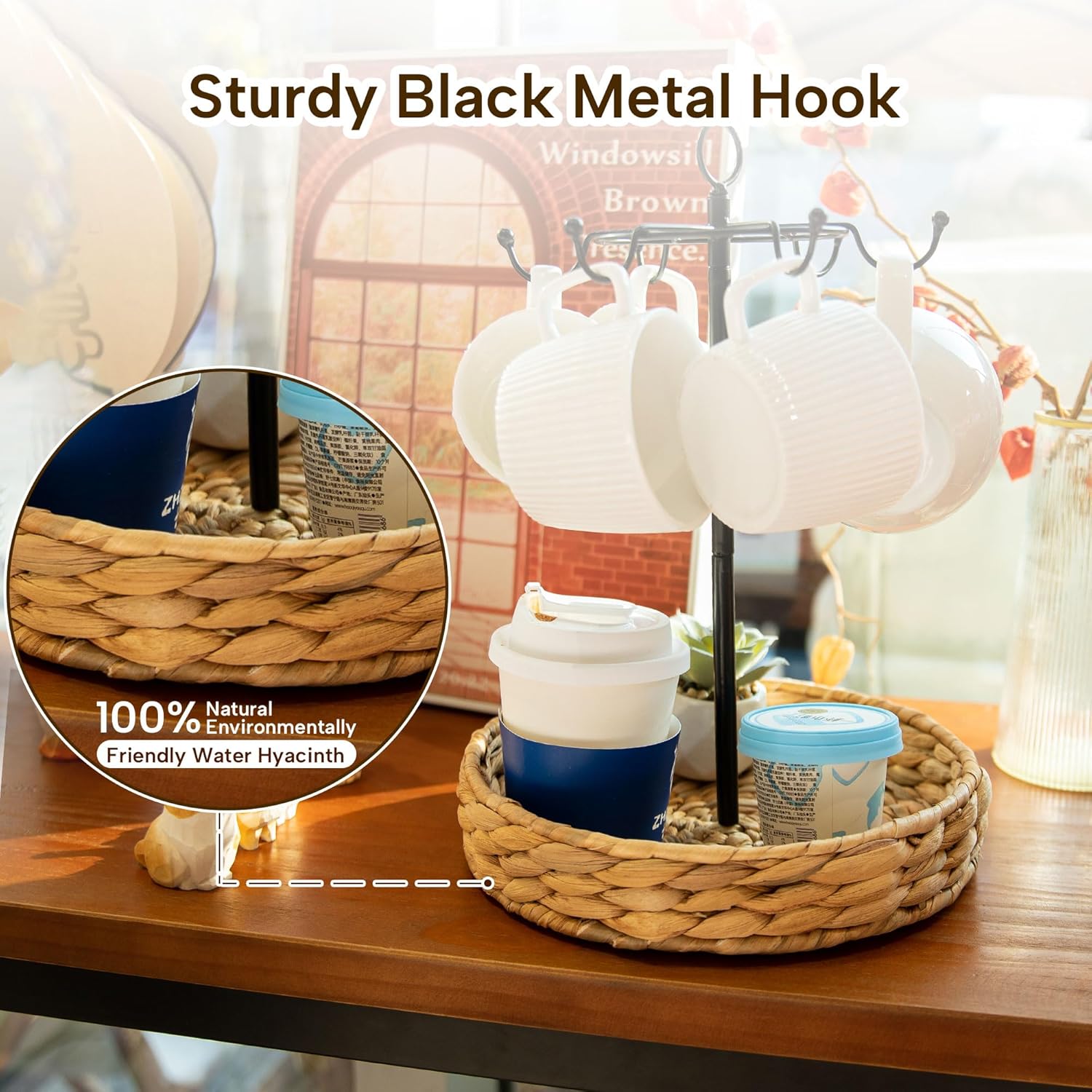 GENMOUS Farmhouse Coffee Mug Holder Stand with Woven Basket for Countertop, 2 Tier Handle Coffee Cup Tree Holder, CoffeeMugs Rack for 6 Mug Hooks with Cup Pods & Saucer Basket Storage for Bar Counter