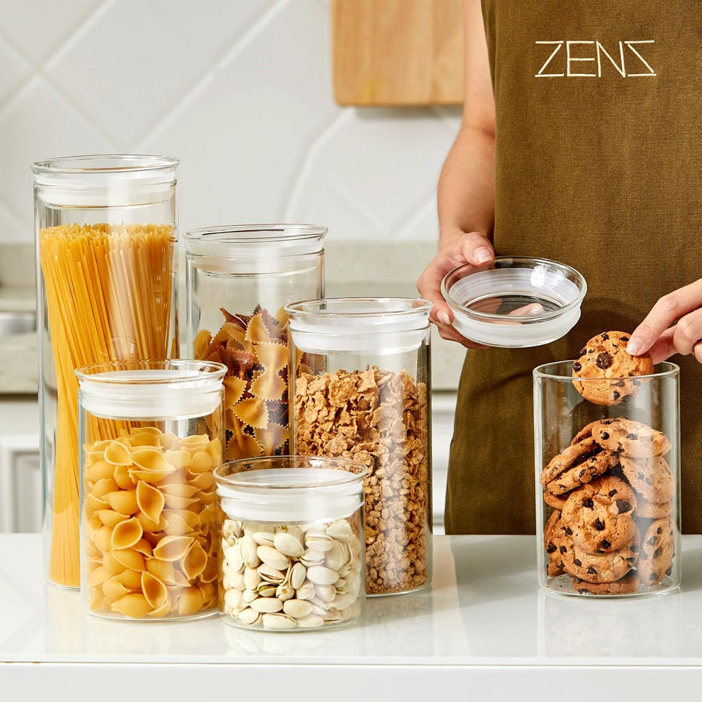ZENS 15oz Glass Food Storage Jars Set of 3, Clear Glass Canisters with Airtight Lids, Small Container Spice Jars for Kitchen Herbs, Sugar, Blooming Tea, Candy