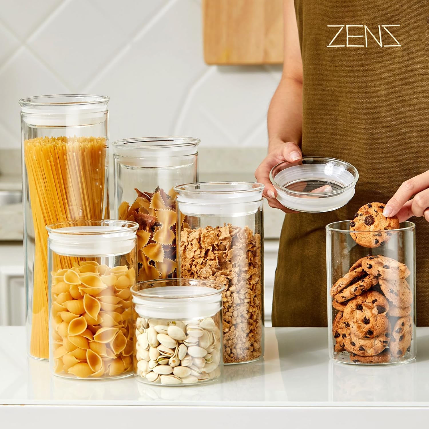 ZENS 15oz Glass Food Storage Jars Set of 3, Clear Glass Canisters with Airtight Lids, Small Container Spice Jars for Kitchen Herbs, Sugar, Blooming Tea, Candy