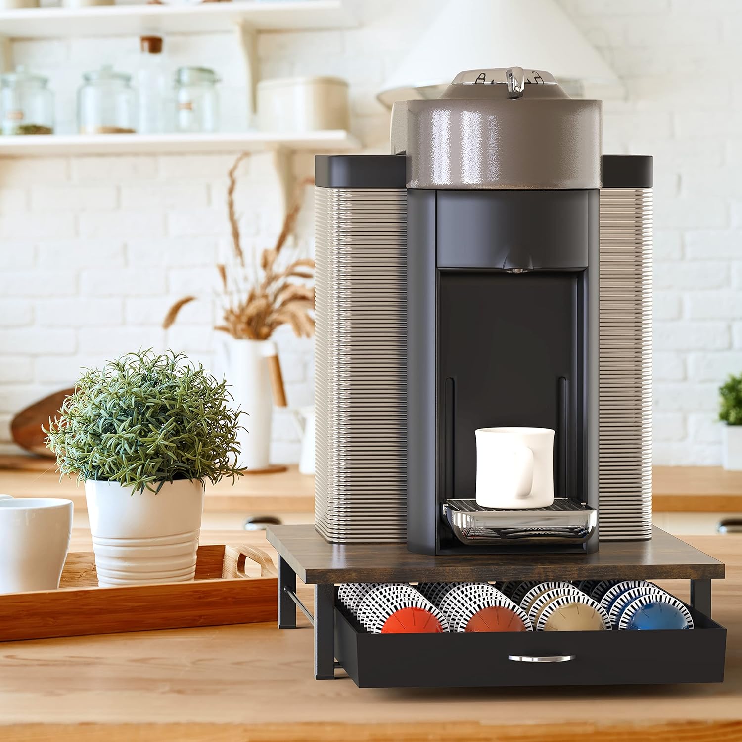 DecoBrothers Vertuo Pod Holder Drawer, 24 Large or 48 Small Nespresso Capsule Organizer, Rustic Brown