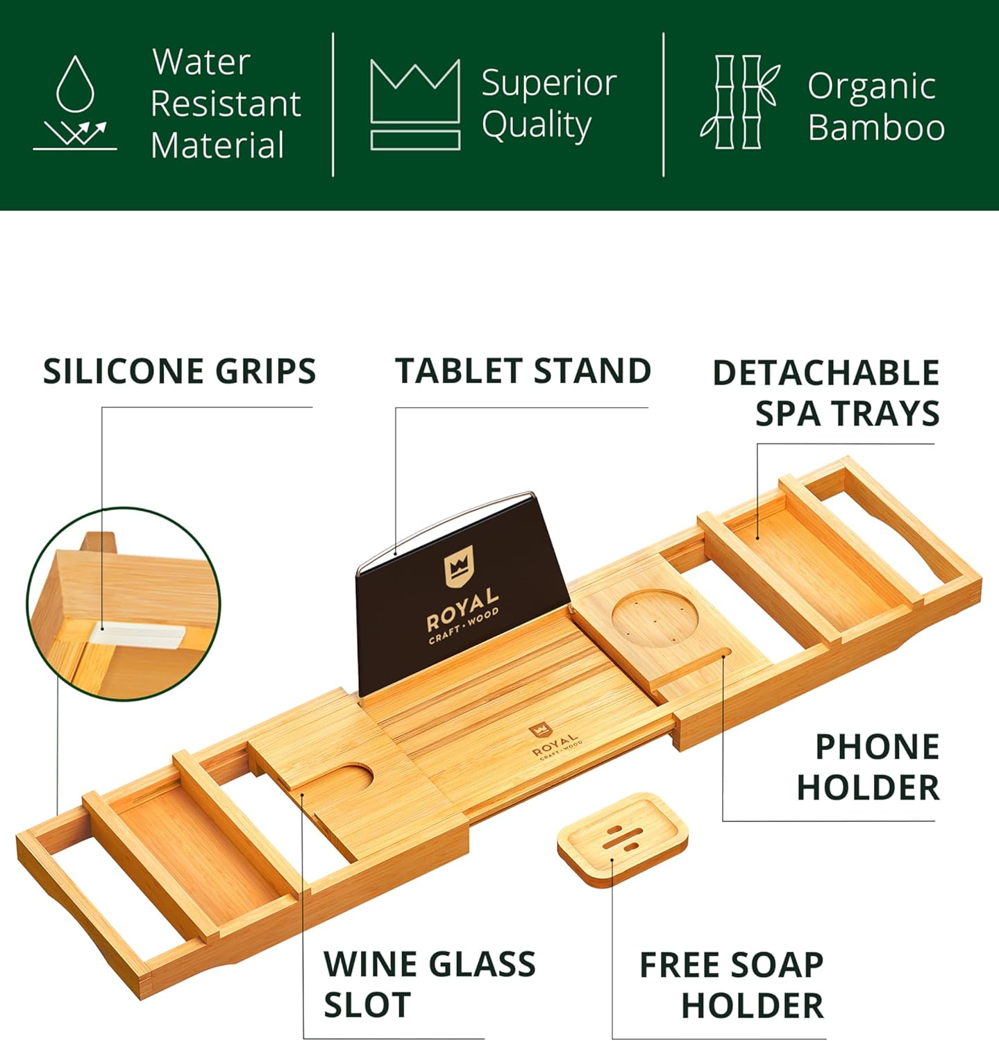 Non-Foldable Bathtub Tray Caddy for Tub, Bamboo Bath Shelf, Premium Wood Bath Table, Expandable Bathtub & Bathroom Accessories, New Home Gifts for Mom, Housewarming, Anniversary