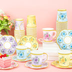 48 Sets Floral Paper Tea Cups and Saucers Disposable Tea Party Supplies Colorful Flower Teacups with Handle and Plates for Hot Cold Drink Wedding Birthday Party Baby Shower