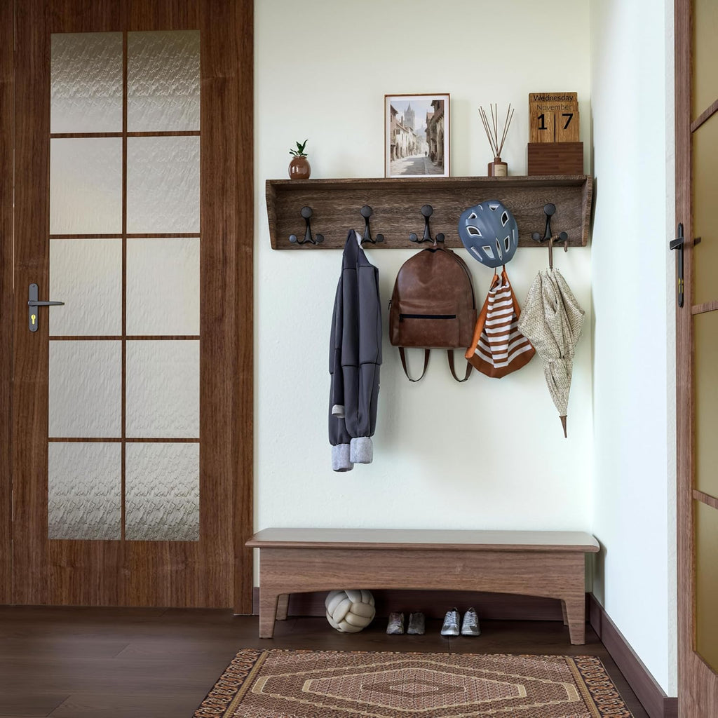 SKOLOO Wall Shelf with Hooks, 35-Inch Weathered Brown Coat Rack Wall Mount with Shelf Organizer - Lightweight & Sturdy, 5 Tri Hooks - Perfect for Entryway, Hallway, Living Room, Bedroom, Mudroom