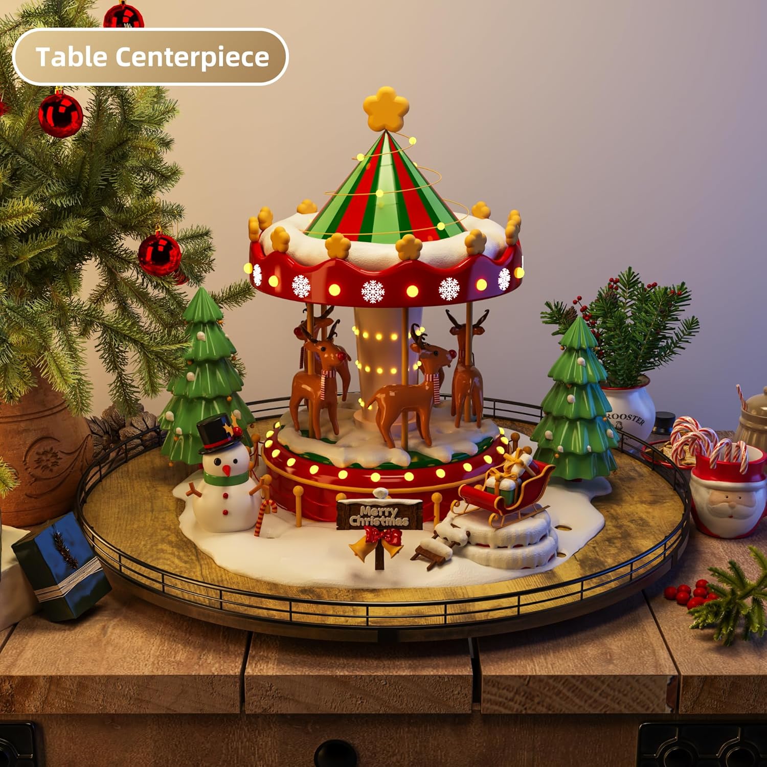 Lazy Susan Turntable Organizer for Table Top, 24’’ Round Wooden Lazy Susan for Cabinet Kitchen Countertop Pantry Dining Coffee Table for Condiments Spices, Rustic Bathroom Vanity Tray for Soap Candle