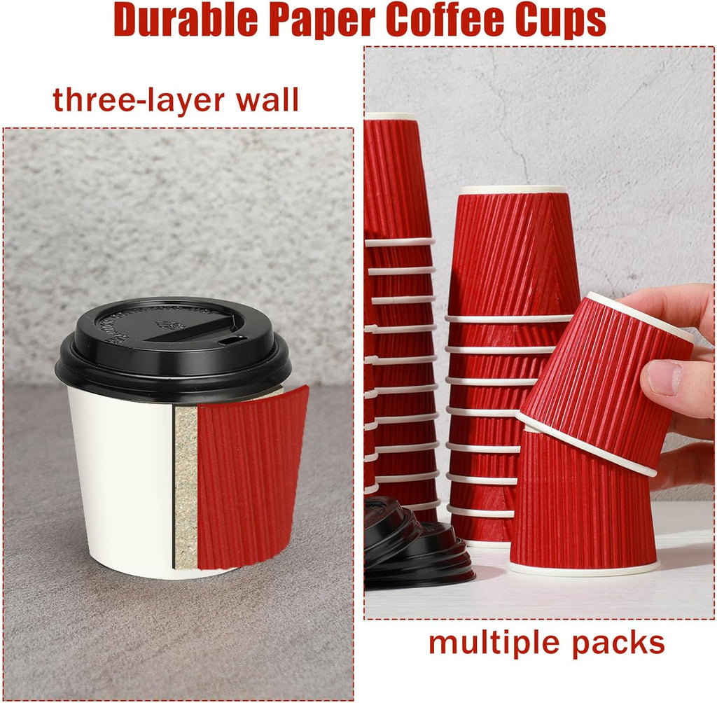 Uiifan 100 Set 4oz Disposable Espresso Cups with Lids Ripple Corrugated Paper Disposable Coffee Insulated Hot Ripple Cups for hot Chocolate, Tea, and Cocoa Drinks(Red)
