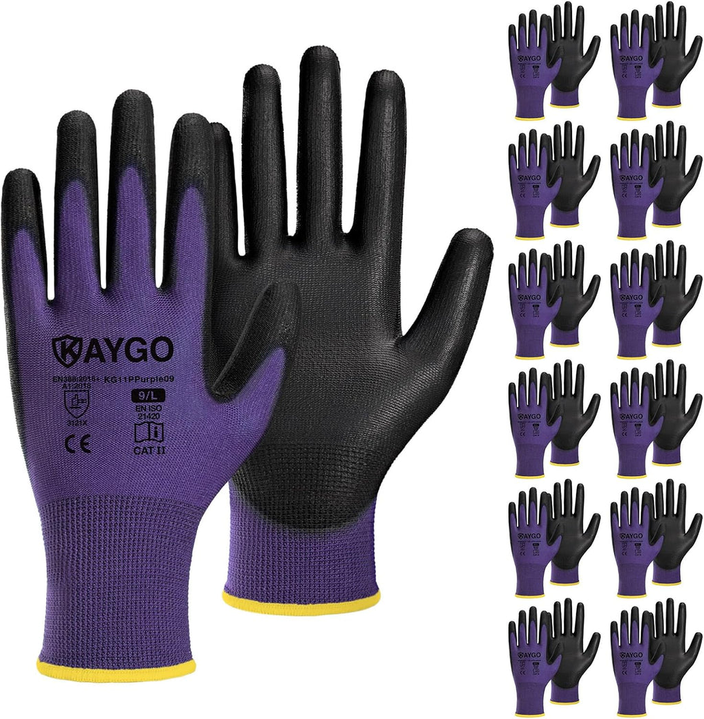 KAYGO Safety Work Gloves PU Coated,12 Pairs KG11PB Seamless Knit Glove for Men and Women, with Smooth Grip on Palm and Fingers, Ideal for General Duty Work (L, Purple)