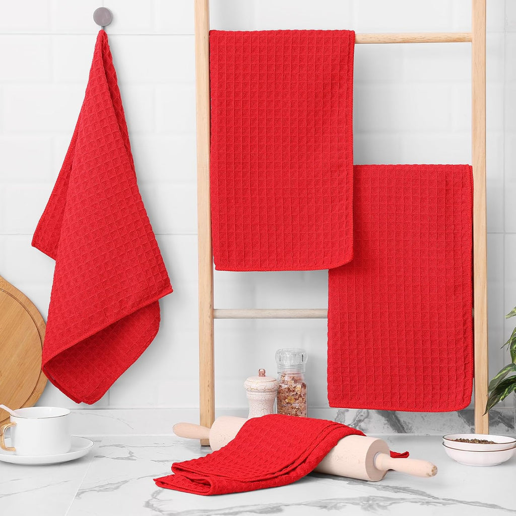 Homaxy Microfiber Waffle Weave Kitchen Towels, 16 x 28 Inch Ultra Absorbent and Solid Color Dish Towels, 8 Pack, Red