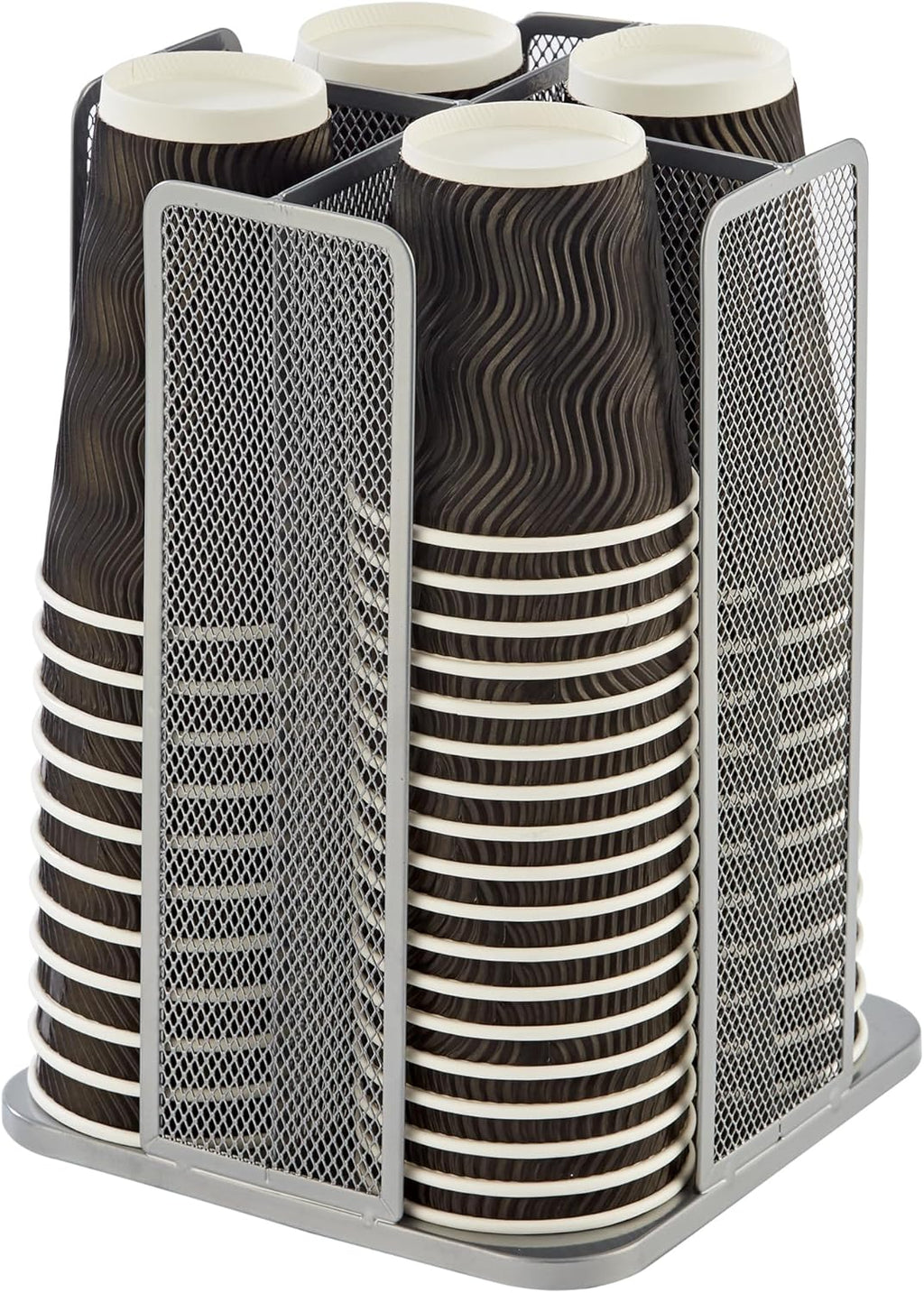 Annova Paper/Plastic Cup and Lid Holder Plastic Storage Organizer, 360°Rotating Coffee Mup Dispenser with 4 Compartments, Multifunctional Storage Rack for Home, Office, Bar, Coffee Shop (Silver)