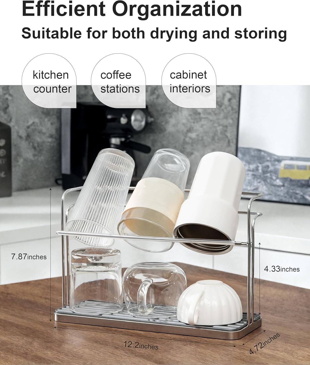 Stainless Steel Cup & Water Bottle Drying Rack with Removable Drip Tray, 2-Tier Space-Saving Mug Holder for Kitchen Countertop, Durable Rust-Resistant Cup Organizer for Coffee Mugs, Glasses, Tumblers