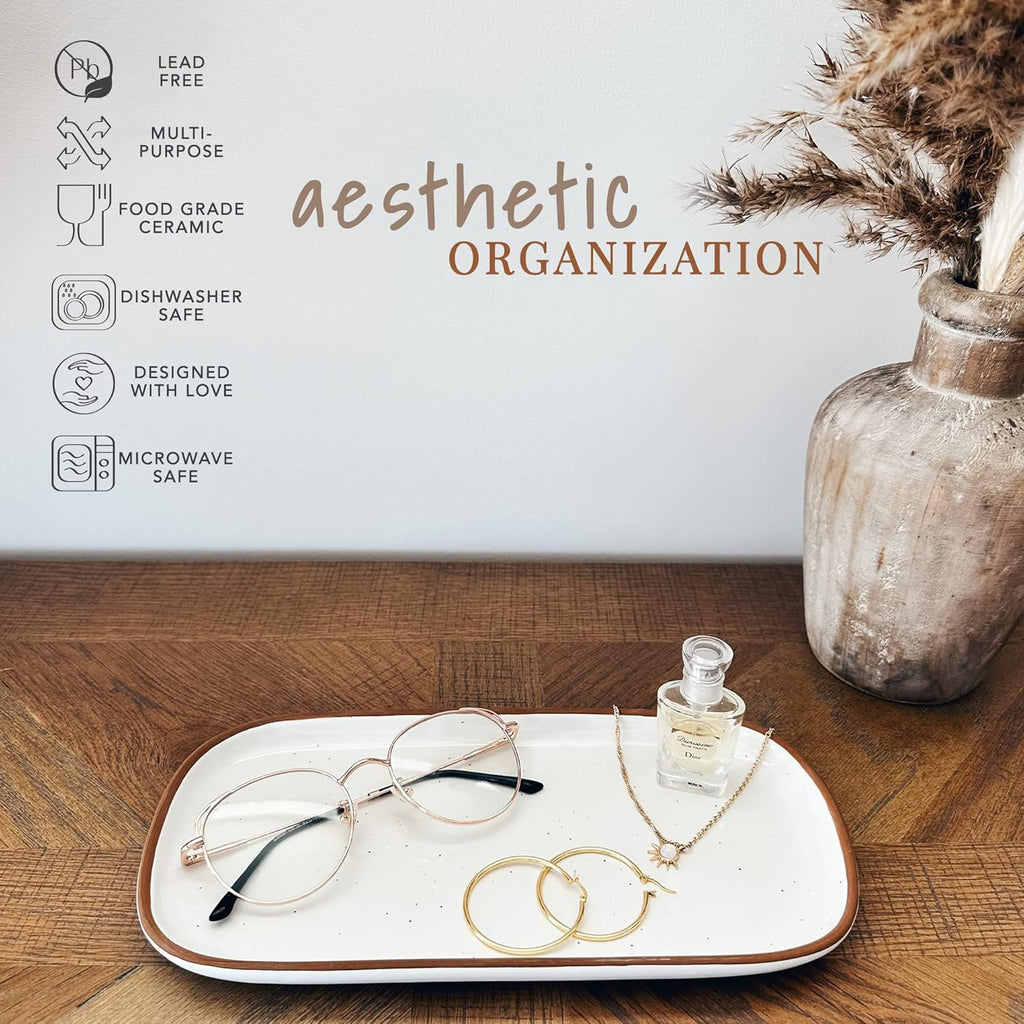 Mora Ceramic Decorative Tray - Rectangle 10in Dish for Jewelry, Soap Dispenser, Perfume, Makeup, Accessories, Candle, in The Bathroom Vanity, Bedside, or Kitchen Counter. Cute Organizers - White