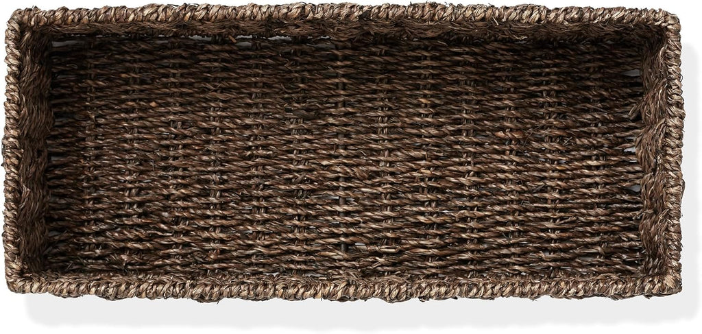 Casafield Set of 2 Bathroom Storage Baskets, Espresso - Seagrass, 16" W x 6.75" D x 4.25" H, Woven Toilet Tank Topper Bins for Organizing Tissues, Toilet Paper, Toiletries, Shelves