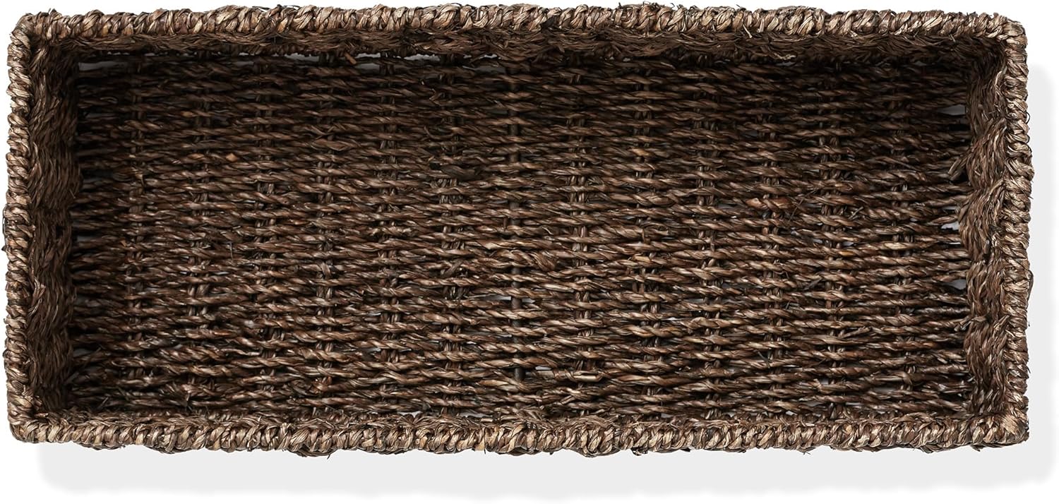Casafield Set of 2 Bathroom Storage Baskets, Espresso - Seagrass, 16" W x 6.75" D x 4.25" H, Woven Toilet Tank Topper Bins for Organizing Tissues, Toilet Paper, Toiletries, Shelves