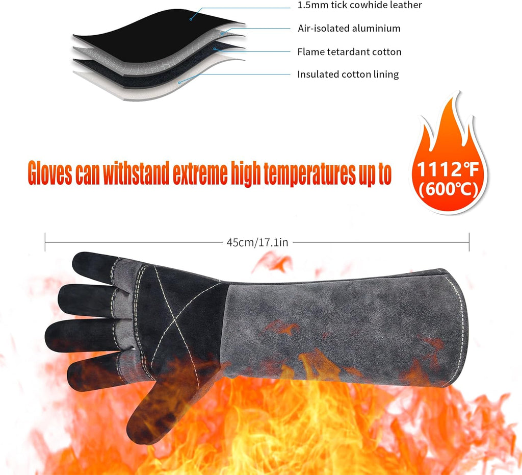 Long Welding Gloves 23.6 Inches 932℉,Heat/Fire Resistant Leather For Mig, Tig, Stick, Forge, BBQ, Grill, Fireplace