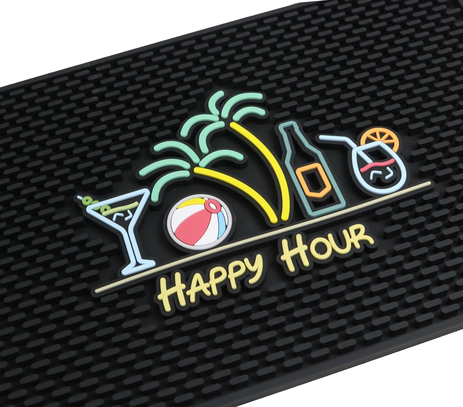 Tiki Bar Decor Happy Hour Mat 18x12 in, Tiki Bar Mats for Countertop with Martini, Beach Ball, Palm Trees, Beer Bottle and Cocktail Design - Outdoor Tiki Bar Mat, Tiki Decor Bar Mats for Bartending