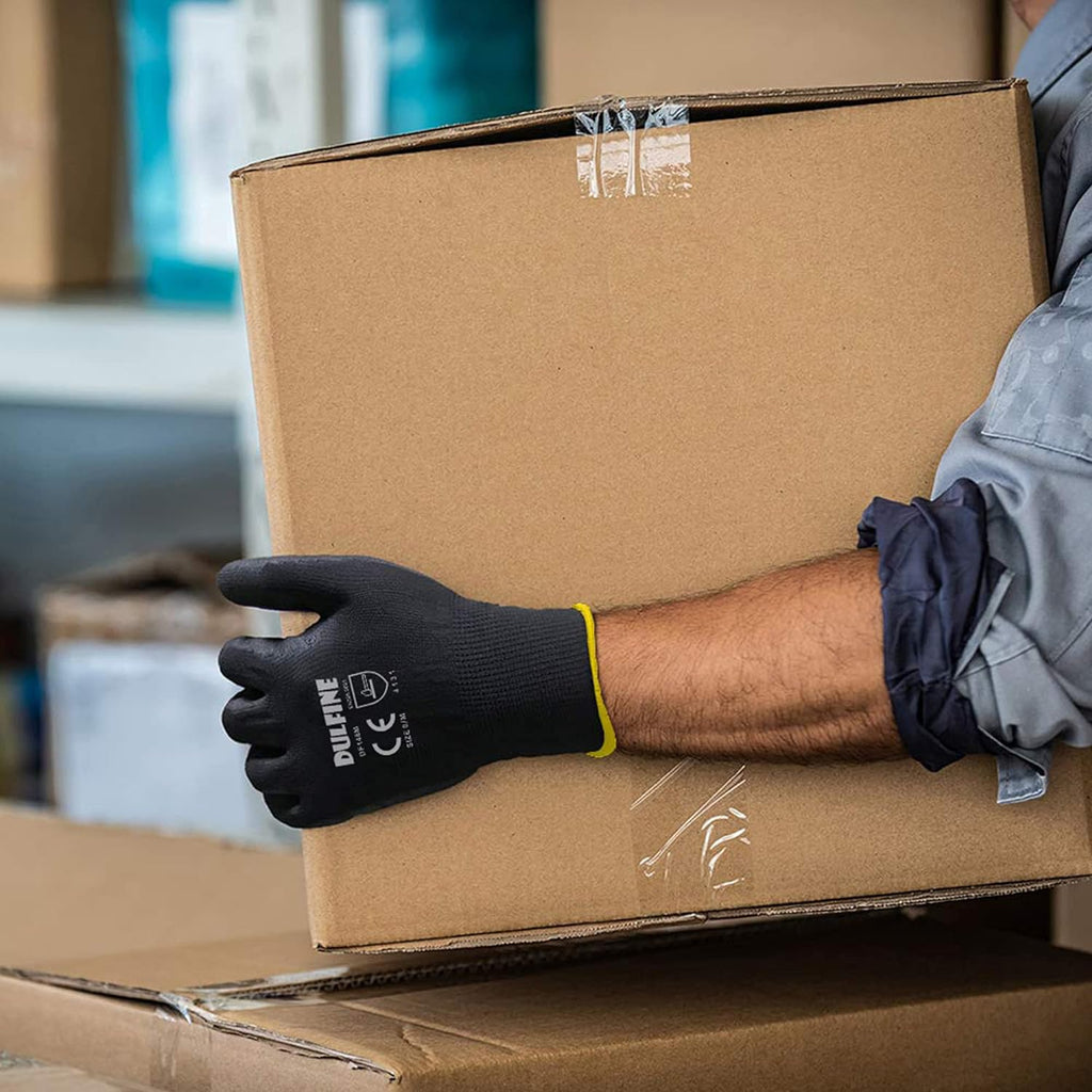 DULFINE Ultra-Thin PU Coated Work Gloves-12 Pairs,Excellent Grip,Nylon Shell Black Polyurethane Coated Safety Work Gloves, Knit Wrist Cuff,Ideal for Light Duty Work. (XX-Large)