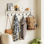 BAMEOS 35" L Wall Hooks with Shelf, Entryway Coat Hooks for Wall with Shelf, Wood Wall Hanging Shelf, Wall-Mounted Coat Rack with 7 Dual Metal Hooks for Bathroom, Kitchen, Living Room, Bedroom (White)