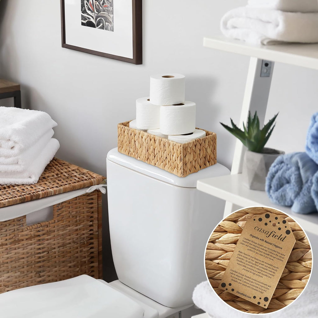 Casafield Set of 2 Bathroom Storage Baskets, Natural - Water Hyacinth, 16" W x 6.75" D x 4.25" H, Woven Toilet Tank Topper Bins for Organizing Tissues, Toilet Paper, Toiletries, Shelves
