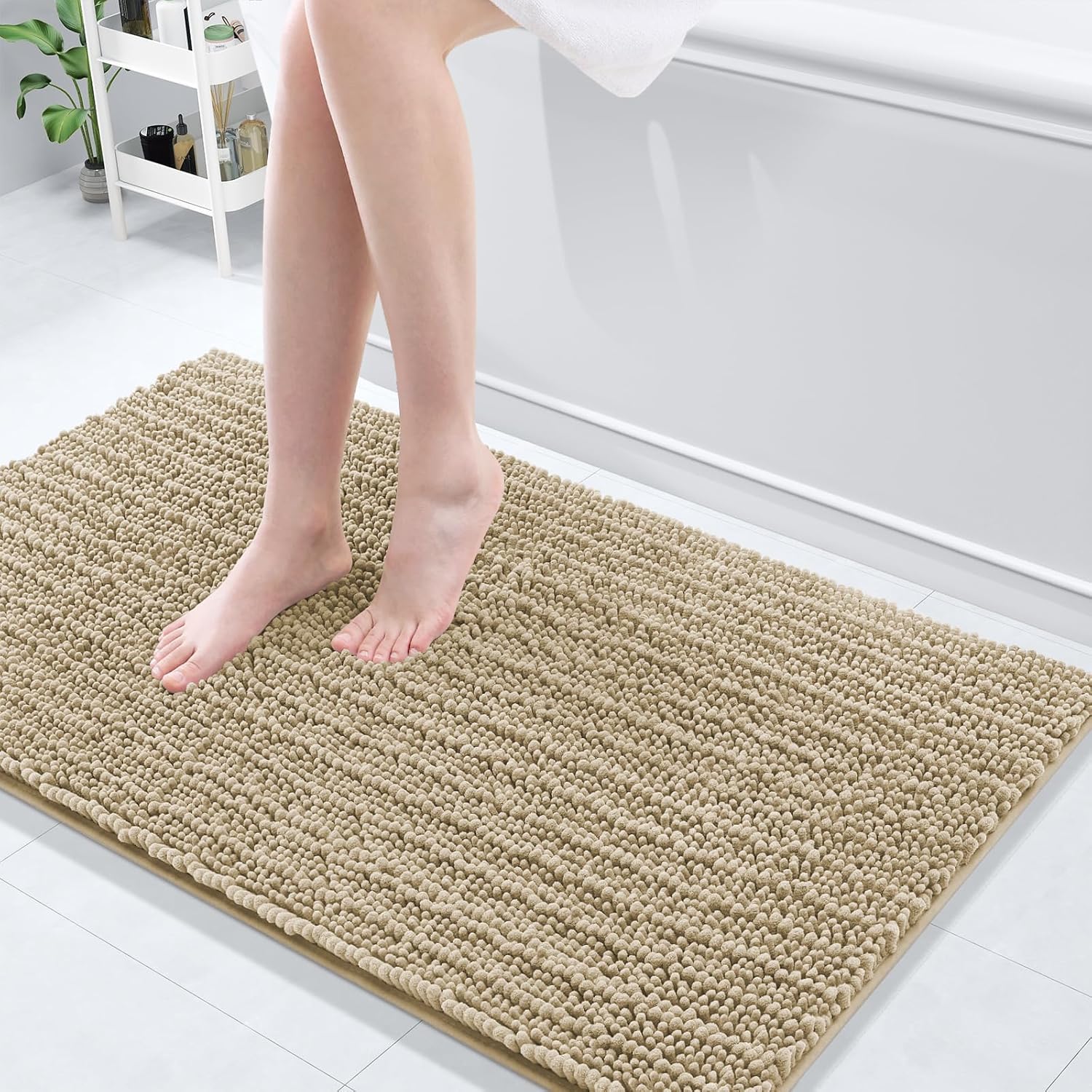 Arotive Luxury Chenille Bathroom Rug Mat, Extra Soft Thick Absorbent Shaggy Bath Rugs, Non-Slip Machine Wash Dry, Plush Bath Mats for Bathroom, Shower and Tub, 44x24, Beige