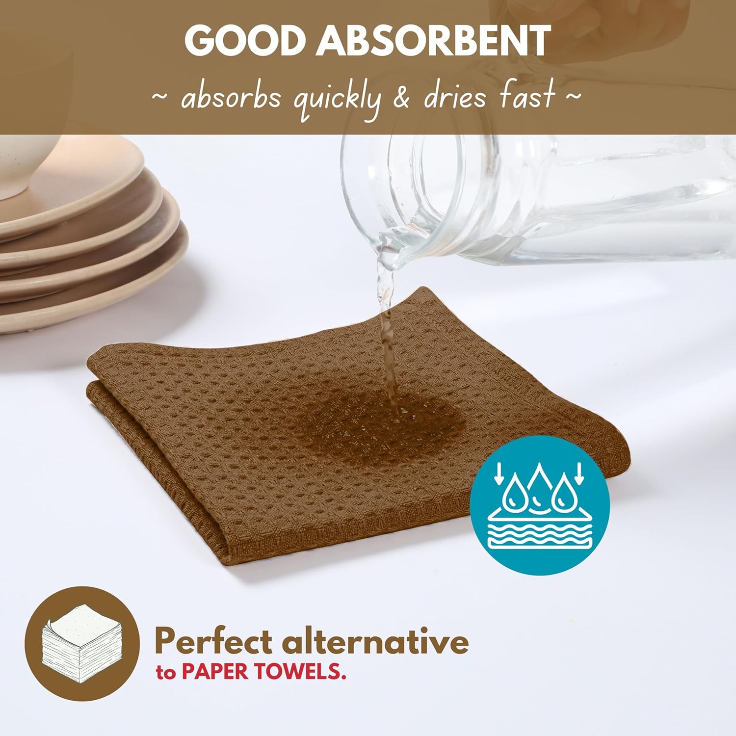 Native Fab Cotton Dish Towel & Dishcloths 8 Piece Set - Soft, Absorbent, Durable, Washable, Fast Drying Towels for Cleaning, Cooking, Baking - Ideal for Home, Kitchen, BBQ & Outdoor Use - Brown