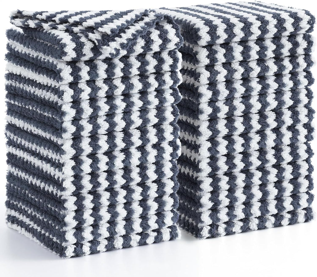 Homaxy 24 Pack Kitchen Dish Cloths, Ultra Soft and Absorbent Dish Towels, Reusable Fast Drying Microfiber Cleaning Cloth, Coral Velvet Wave Design No-lint, 10 x 10 inches, Dark Grey