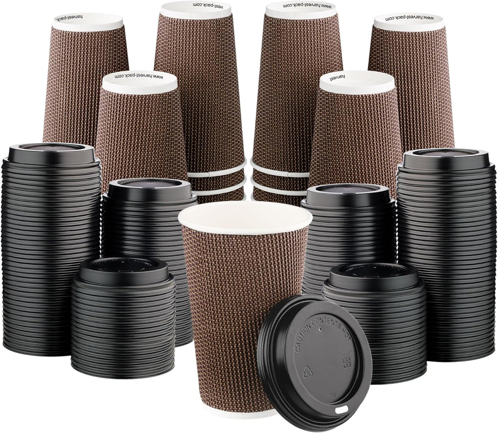 [340 SET]Harvest Pack 16 oz Disposable Coffee Cups, Insulated Ripple Double-Walled Paper Cups with Lids, Brown Geometric, Bulk Drinking Cups for Tea Hot Chocolate Drinks To go coffee cups