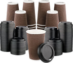 [340 SET]Harvest Pack 16 oz Disposable Coffee Cups, Insulated Ripple Double-Walled Paper Cups with Lids, Brown Geometric, Bulk Drinking Cups for Tea Hot Chocolate Drinks To go coffee cups