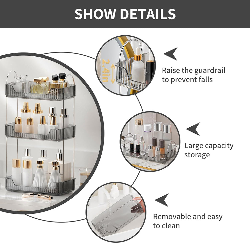 YCIA&DONE Bathroom Organizer Countertop, Makeup Storage, Skincare Cosmetic Tray Shelf, Perfume Holder Rack for Vanity Counter, Large Capacity, Easy to Install, Clean, 3 Tiers, Smoky Gray