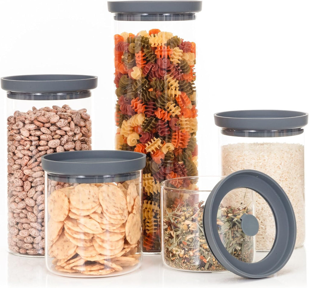 Glass Airtight Food Storage Containers with Silicone and Glass Lids – BPA-Free Jars and Canisters for Pasta Rice Flour, Dry or Wet Foods, Pantry Meal Prep – Set of 5 with Portion Tool