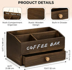 Coffee Station Organizer for Countertop with Pod Storage Drawer - Coffee Bar for Home, Kitchen, Dining Area, Office & Breakroom - Natural Wood, 3 Compartments, 2-tier, Rustic Brown