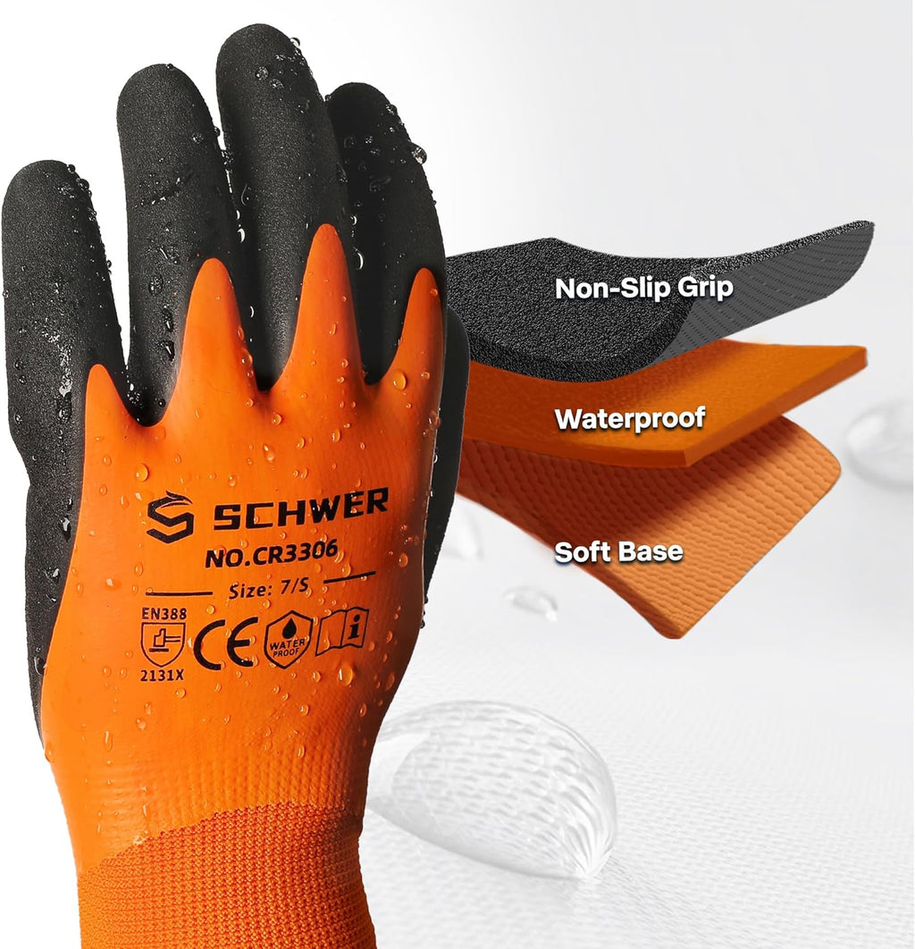 Schwer 2 Pairs Waterproof Work Gloves for Men and Women CR3306, Gardening Gloves with Double Latex Coated, Non-slip Working Gloves for Garden, Outdoor Construction, Car and Fish Cleaning, S