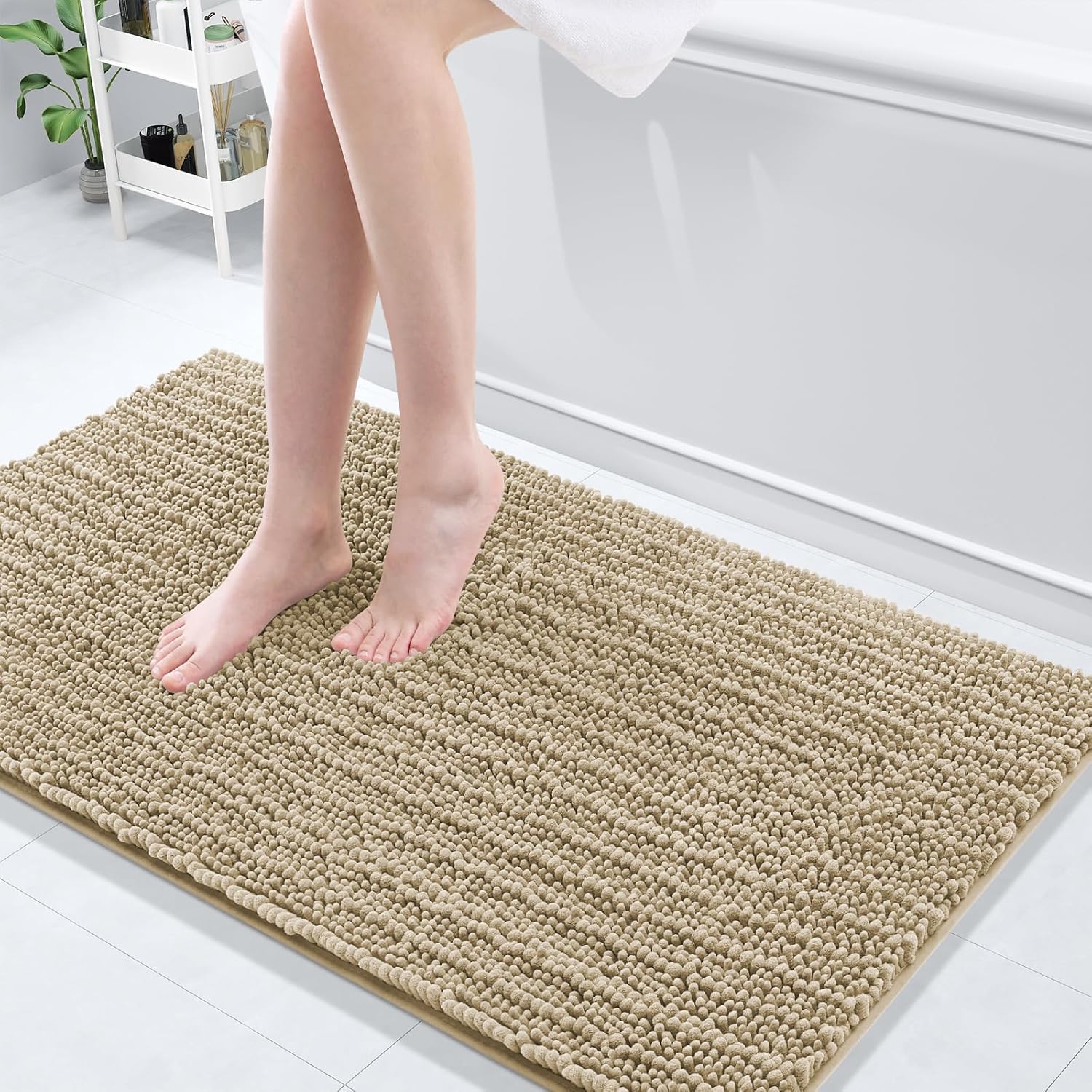 Arotive Luxury Chenille Bathroom Rug Mat, Extra Soft Thick Absorbent Shaggy Bath Rugs, Non-Slip Machine Wash Dry, Plush Bath Mats for Bathroom, Shower and Tub, 47x24, Beige