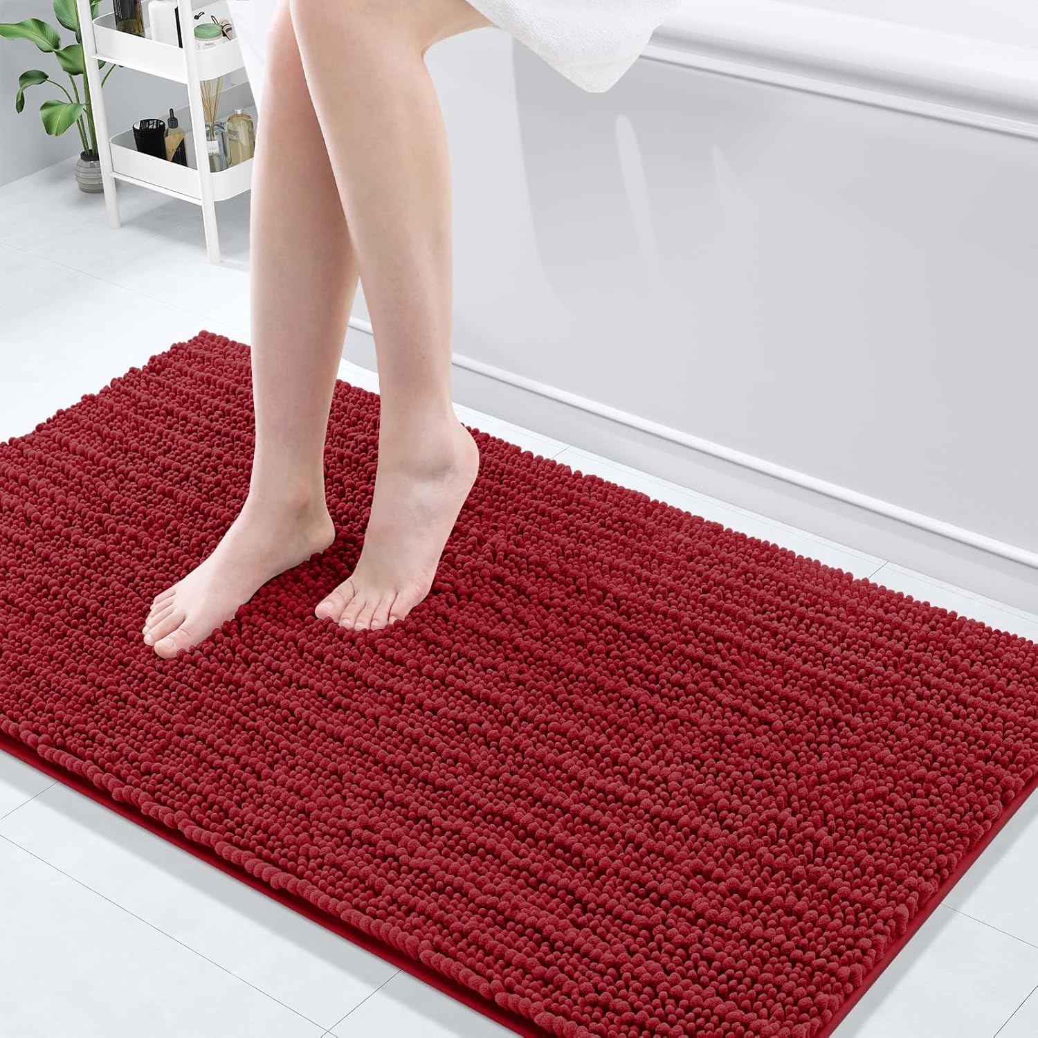 Arotive Luxury Chenille Bathroom Rug Mat, Extra Soft Thick Absorbent Shaggy Bath Rugs, Non-Slip Machine Wash Dry, Plush Bath Mats for Bathroom, Shower and Tub, 54x24, Red