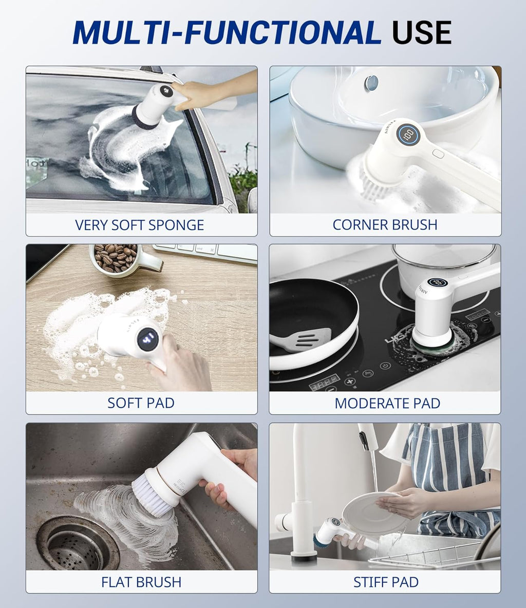 AIRSEE Cordless Electric Spin Scrubber, Handheld Power Shower Cleaner Brush, 2 speeds, 6 Replaceable Brush Heads for Cleaning Floor, Window, Bathroom, Kitchen, for Elderly & Busy Family