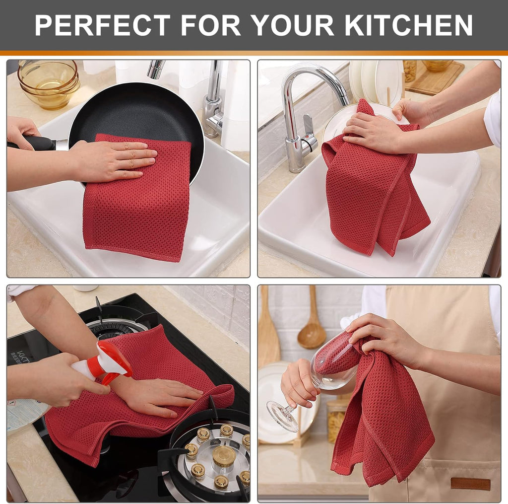 Kitinjoy 100% Cotton Waffle Weave Kitchen Towels, 4-Pack Super Soft and Absorbent Dish Towels for Drying Dishes, Kitchen Hand Towels, 13 in x 28 in, Brick Red