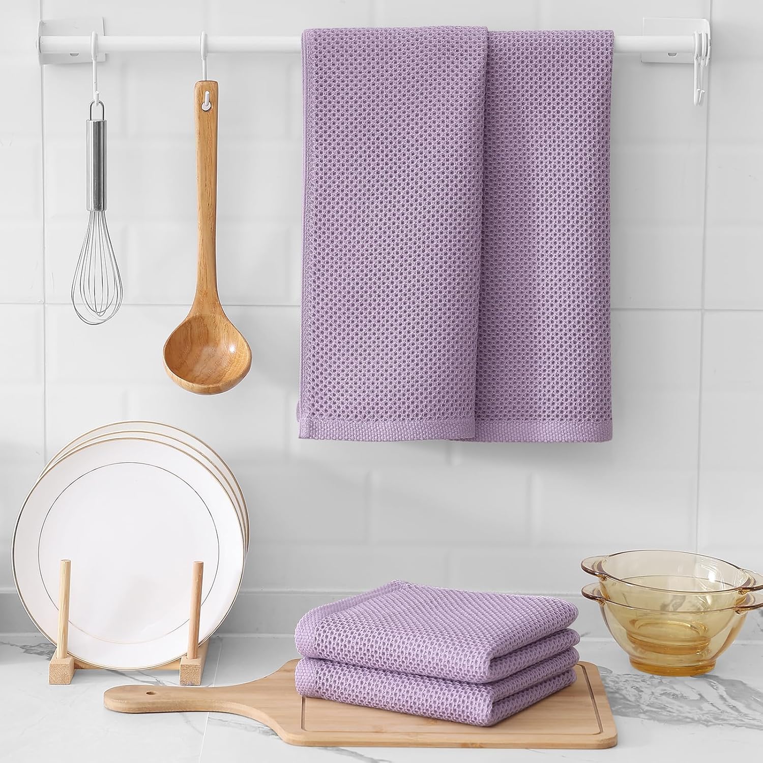 Kitinjoy 100% Cotton Waffle Weave Kitchen Towels, 6-Pack Super Soft and Absorbent Dish Towels for Drying Dishes, Kitchen Hand Towels, 13 in x 28 in, Lavender