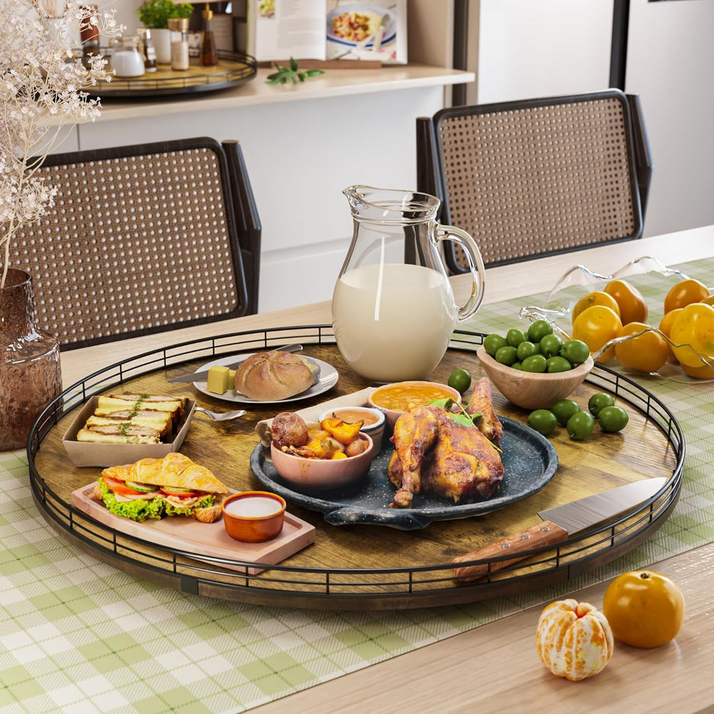 Lazy Susan Turntable Organizer for Table Top, 24’’ Round Wooden Lazy Susan for Cabinet Kitchen Countertop Pantry Dining Coffee Table for Condiments Spices, Rustic Bathroom Vanity Tray for Soap Candle