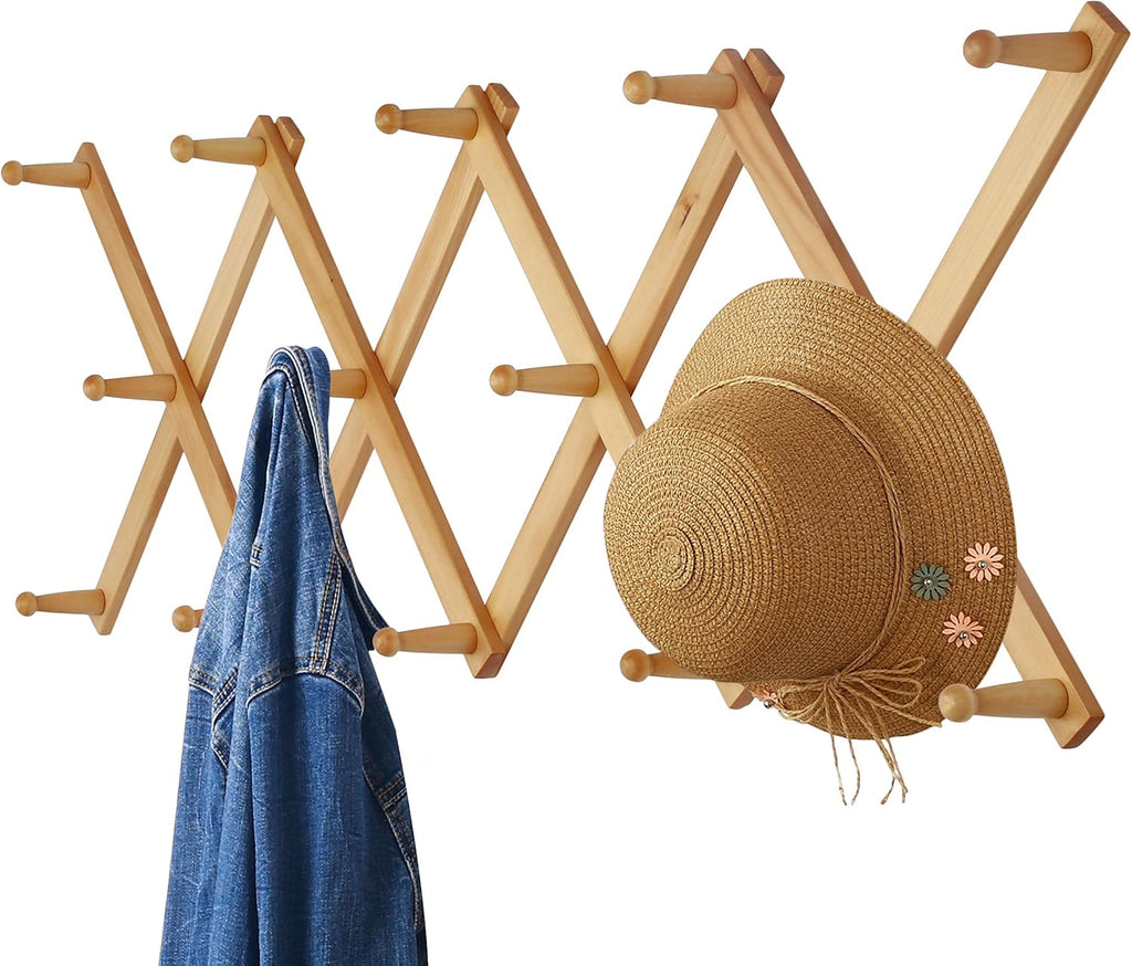 Dseap Accordian Wall Hanger: 16” High Wooden Wall Expandable Coat Rack, Hat Rack Holder, Accordion Hook for Baseball Caps, Coats, Mugs, 14 Peg Hooks, Natural