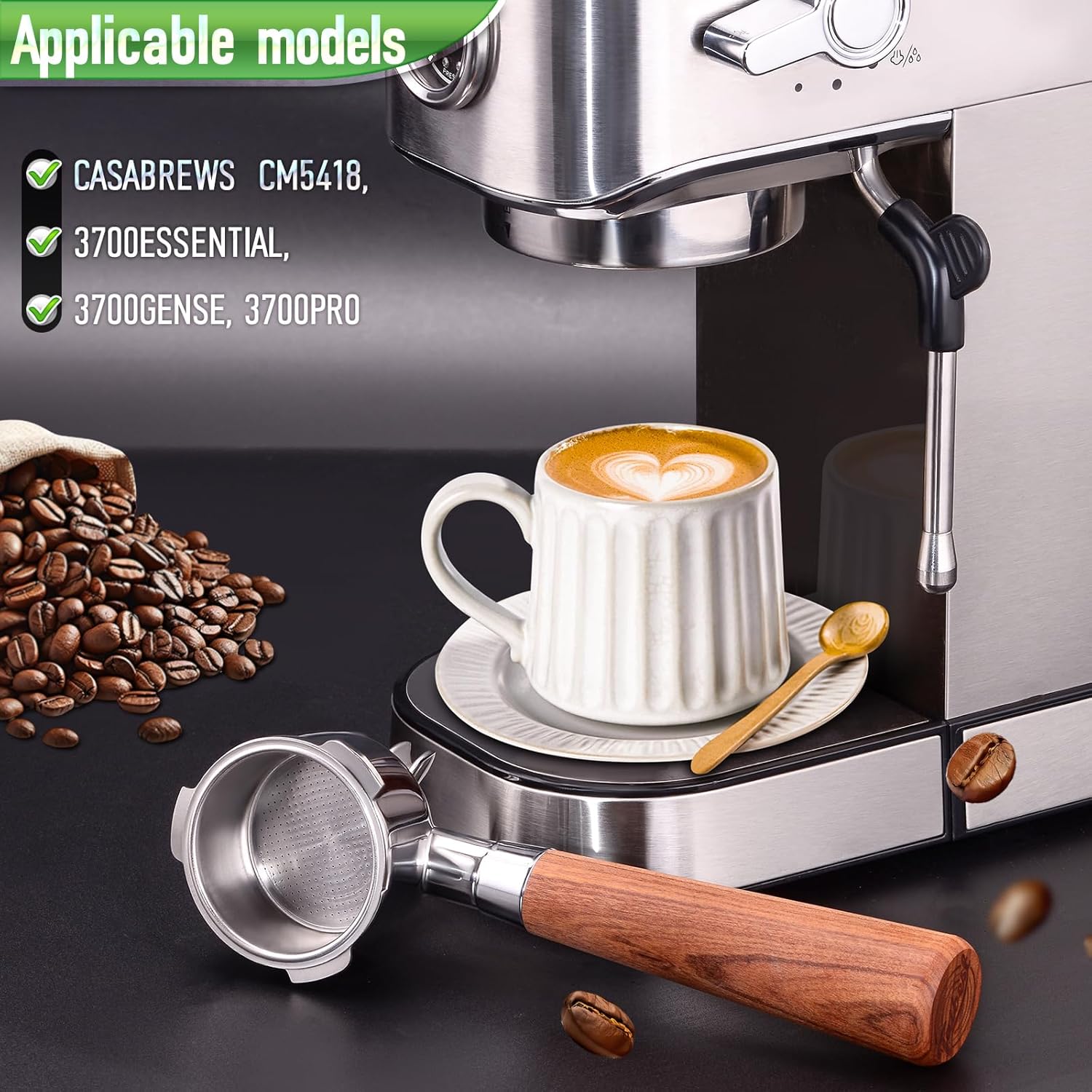51mm Portafilter for CASABREWS 3700/CM5418, Dual Spout Espresso Handle with Siam Rosewood Grip & 304 Stainless Steel Basket