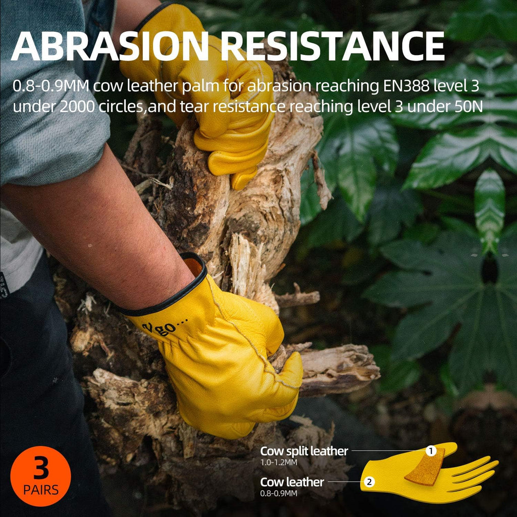 Vgo... 3-Pairs Unlined Cow Grain Leather Work and Driver Gloves with Cow Split Leather Palm Patch (Size M, Gold,CA9590)