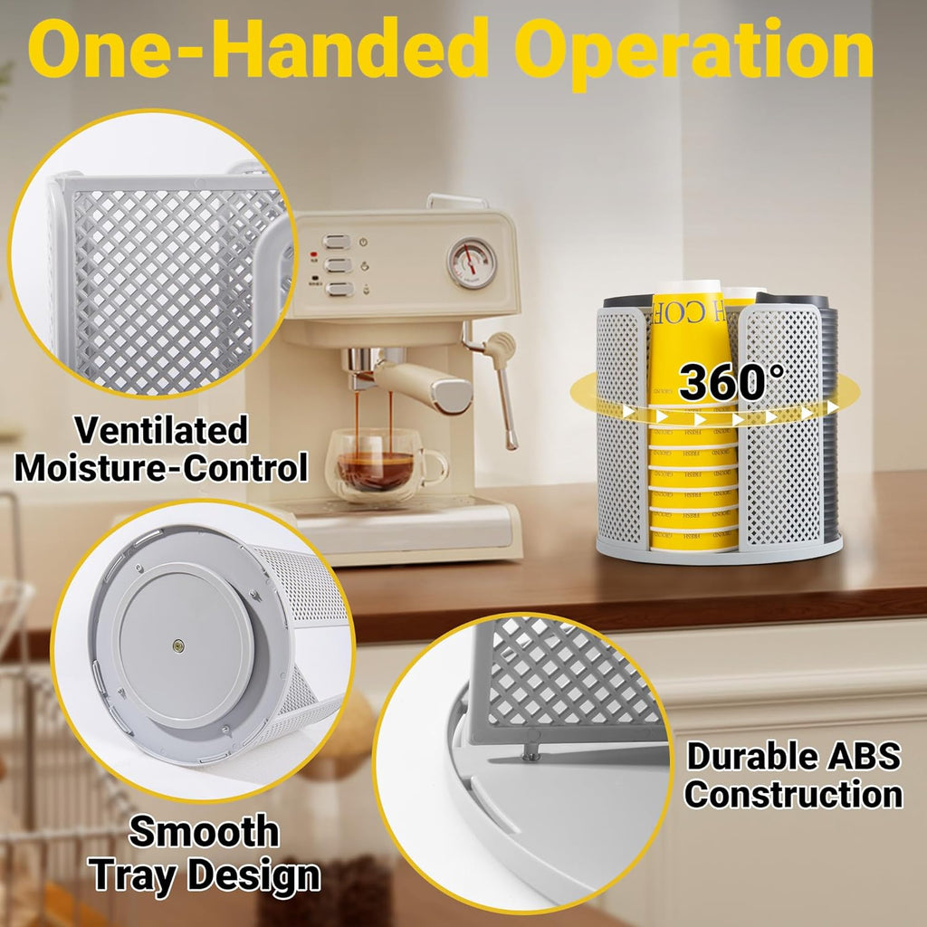 4-Compartment Rotating Paper Cup Holder & Coffee Cup Lid Storage Dispenser, Plastic Cup Dispenser Removable, Space-Saving Countertop Cup Holder for Coffee Bars, Kitchens (Grey)