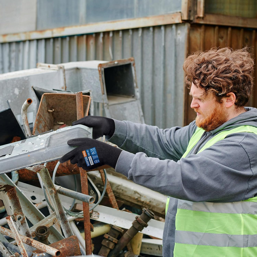 KAYGO Cut Resistant Gloves PU Coated, 12 Pairs Safety Work Gloves with full fingers Touchscreen, ANSI Cut Level A2, for Men and Women, Ideal for General Duty Work KG11P, Black,M