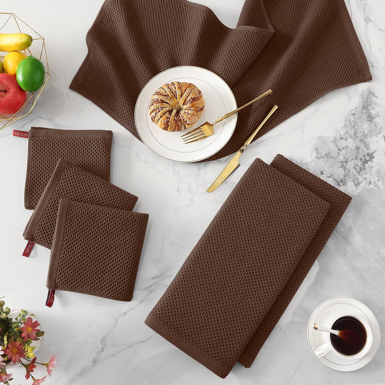 Kitinjoy 100% Cotton Waffle Weave Kitchen Towels (13 X 28 Inches, Coffee), 4-Pack Super Soft and Absorbent Dish Towel for Drying Dishes, Kitchen Hand Towels