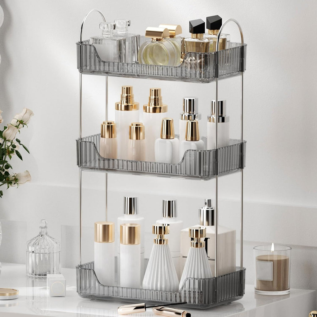 YCIA&DONE Bathroom Organizer Countertop, Makeup Storage, Skincare Cosmetic Tray Shelf, Perfume Holder Rack for Vanity Counter, Large Capacity, Easy to Install, Clean, 3 Tiers, Smoky Gray