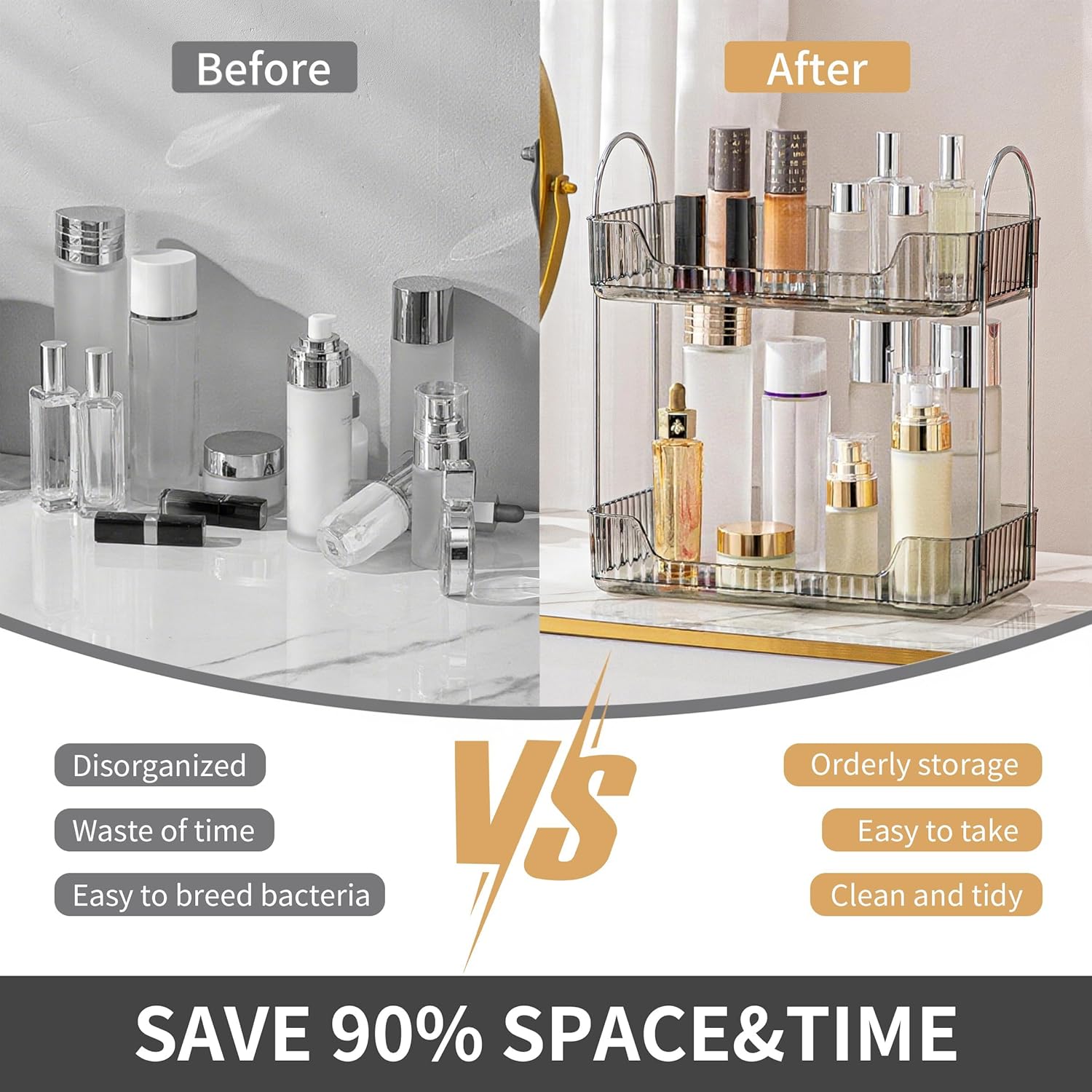 YCIA&DONE Bathroom Organizer Countertop, Makeup Storage, Skincare Cosmetic Tray Shelf, Perfume Holder Rack for Vanity Counter, Large Capacity, Easy to Install, Clean, 2 Tiers, Smoky Gray