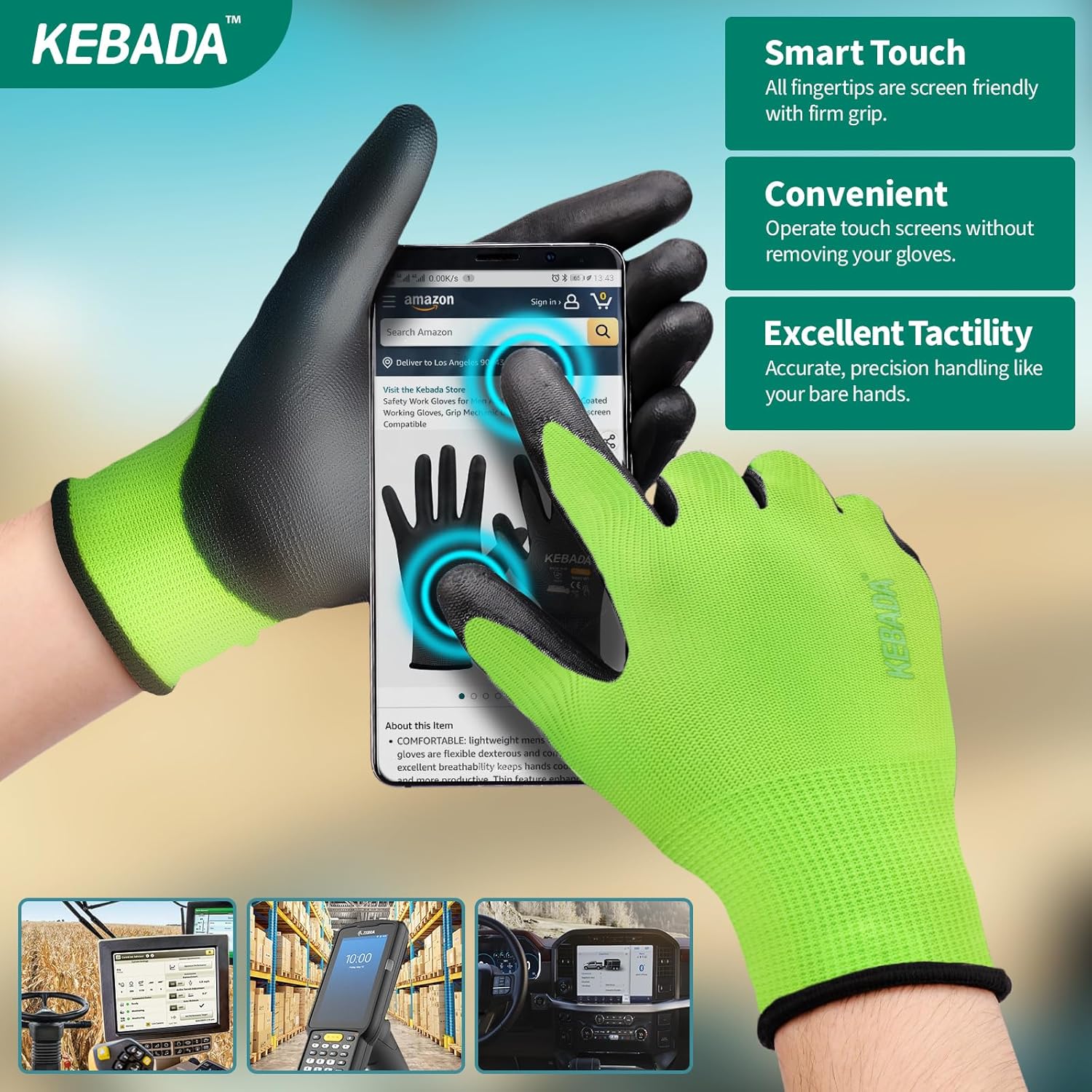 Kebada W1 Work Gloves for Men and Women, PU Coated Safety Gloves with Grip, Touchscreen, Ideal for Warehouse Package Handling, Construction, Gardening, Green Small