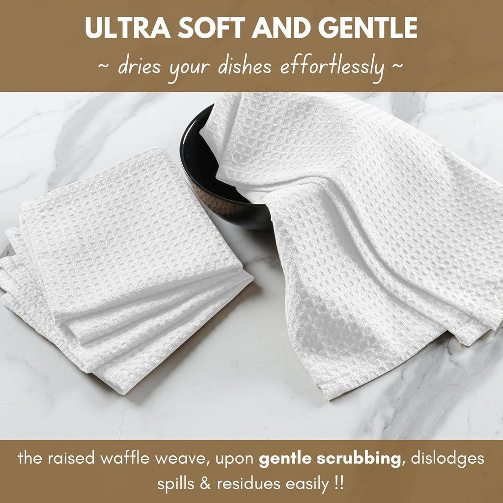 Native Fab Waffle 18 Pack Dish Cloths - 100% Cotton, Absorbent, Quick Drying, Washable Towels for Cleaning, Cooking & Baking - Great for Home, Restaurants, Cafes, Bars, Everyday Use, 12"x12", White