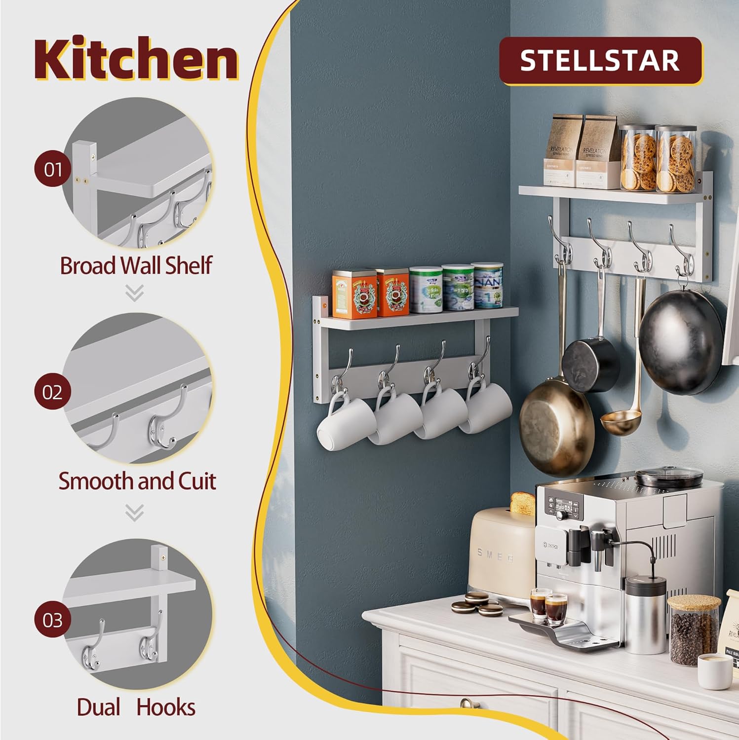 2 Pack Coat Rack Wall Mount, Bamboo Coat Hook with Storage Shelf, Coat Hanger with 8 Dual Hooks, Wall Floating Shelf for Entryway Hallway Kitchen, Bathroom, Bedroom (White+Slive)