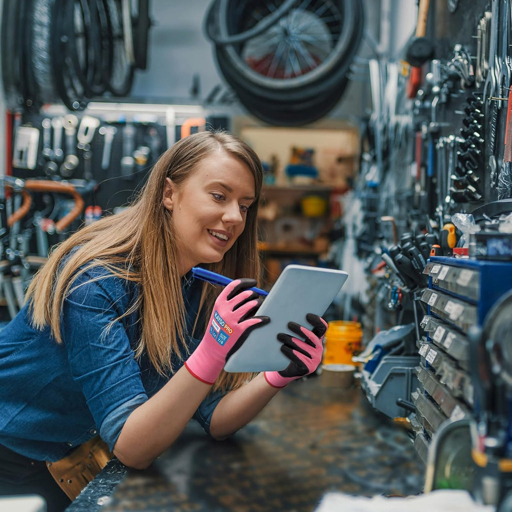 KAYGO Safety Work Gloves PU Coated for Men and Women- KG11PB,12 Pairs,Seamless Knit Glove with Two Fingers Touchscreen,Ideal for General Duty Work (Small,Pink)