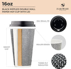 [340 SET]Harvest Pack 16 oz Disposable Coffee Cups, Insulated Ripple Double-Walled Paper Cups with Lids, Black and White Geometric, Bulk Drinking Cups for Tea Hot Chocolate Drinks To go coffee cups